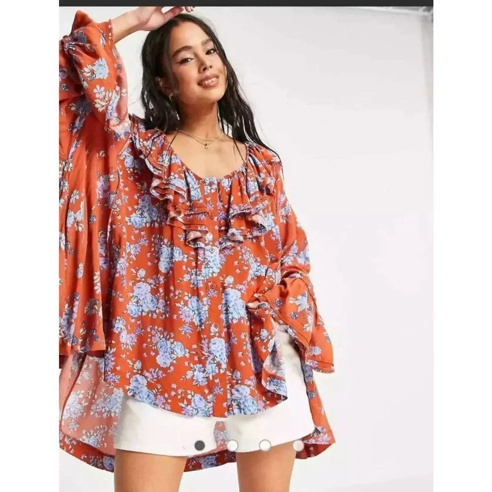 Free People Lorretta Printed oversized floral ruffles Tunic  Xs